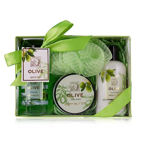 Accentra - set de ducha para mujer set de regalo OLIVE en una hermosa caja de regalo - set de cuidado de 4 piezas con gel de ducha, loción corporal, manteca corporal y esponja de malla
