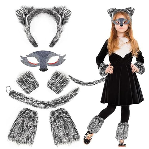 Qooloo Disfraz de lobo para niños, disfraz de lobo para niños, con diadema de cola pata, carnaval, disfraz de lobo para Navidad, cumpleaños, fiesta de cosplay